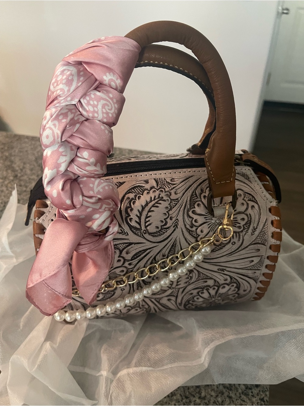 Women's Western Pink Patterned Top-Handle Bag with Pearl Chain